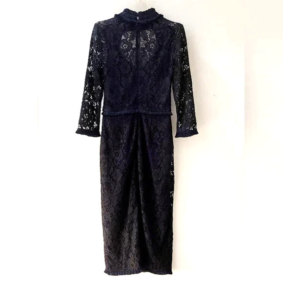 Alexis Fiorenza Midi Lace Dress 3/4 Sleeve Black Ruffled Sheath Cut Out XS - Picture 7 of 11